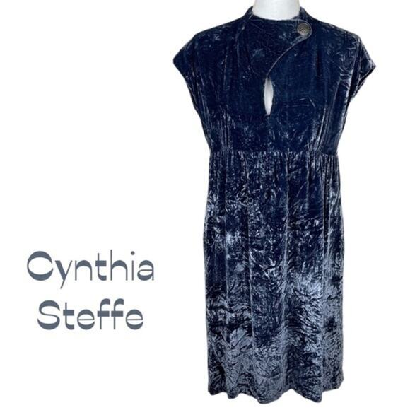 Cynthia Steffe Metallic Blue Crush Velvet Silk Blend Babydoll Dress Size 10 - Picture 2 of 12